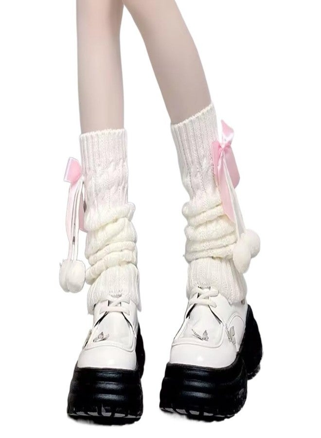 CazDopaM Cute Lolita leg covers Japanese Style Knitted Warm Bow Socks with Pom-Poms White Slouch Socks for JK Uniform (pink) - Image 1